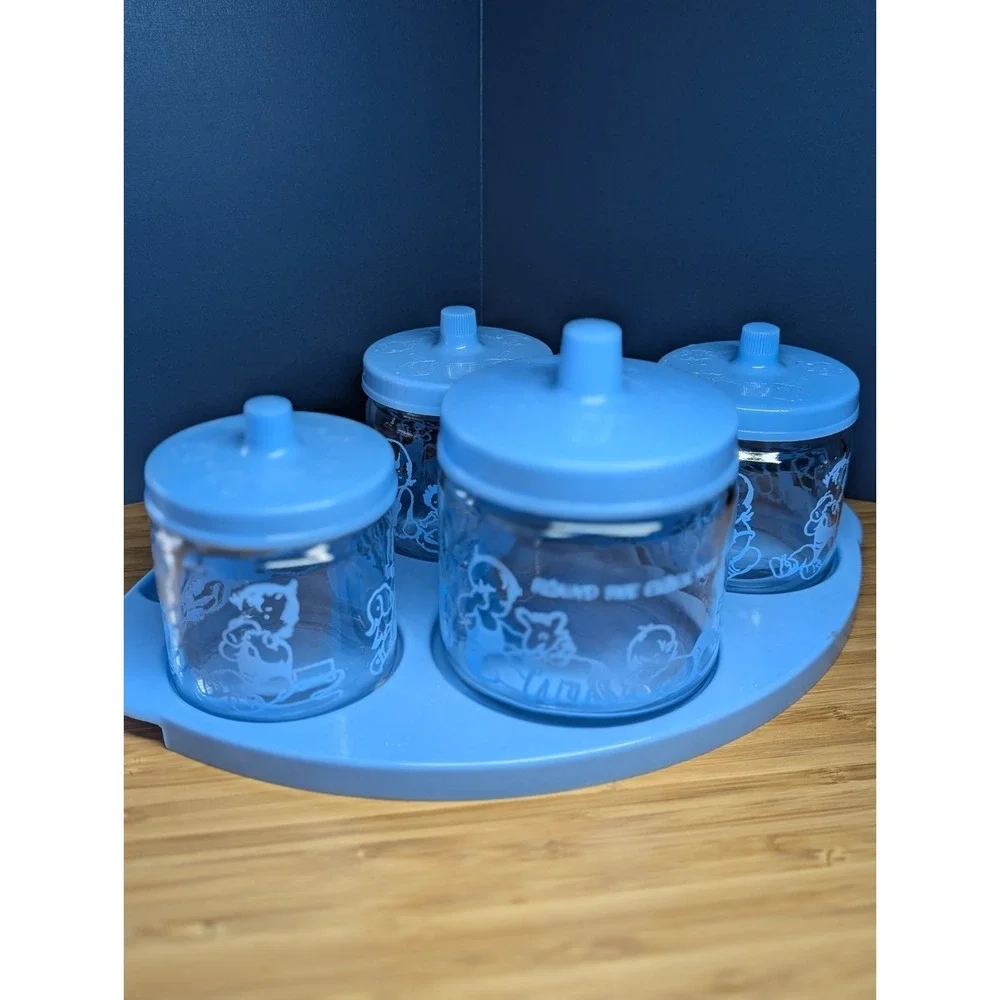 Vintage Baby Nursery BLUE Vanity Changing Table Glass Jar Set W/Tray Lids 1950s